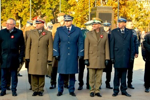 Przedstawiciele służb mundurowych oglądający defiladę.